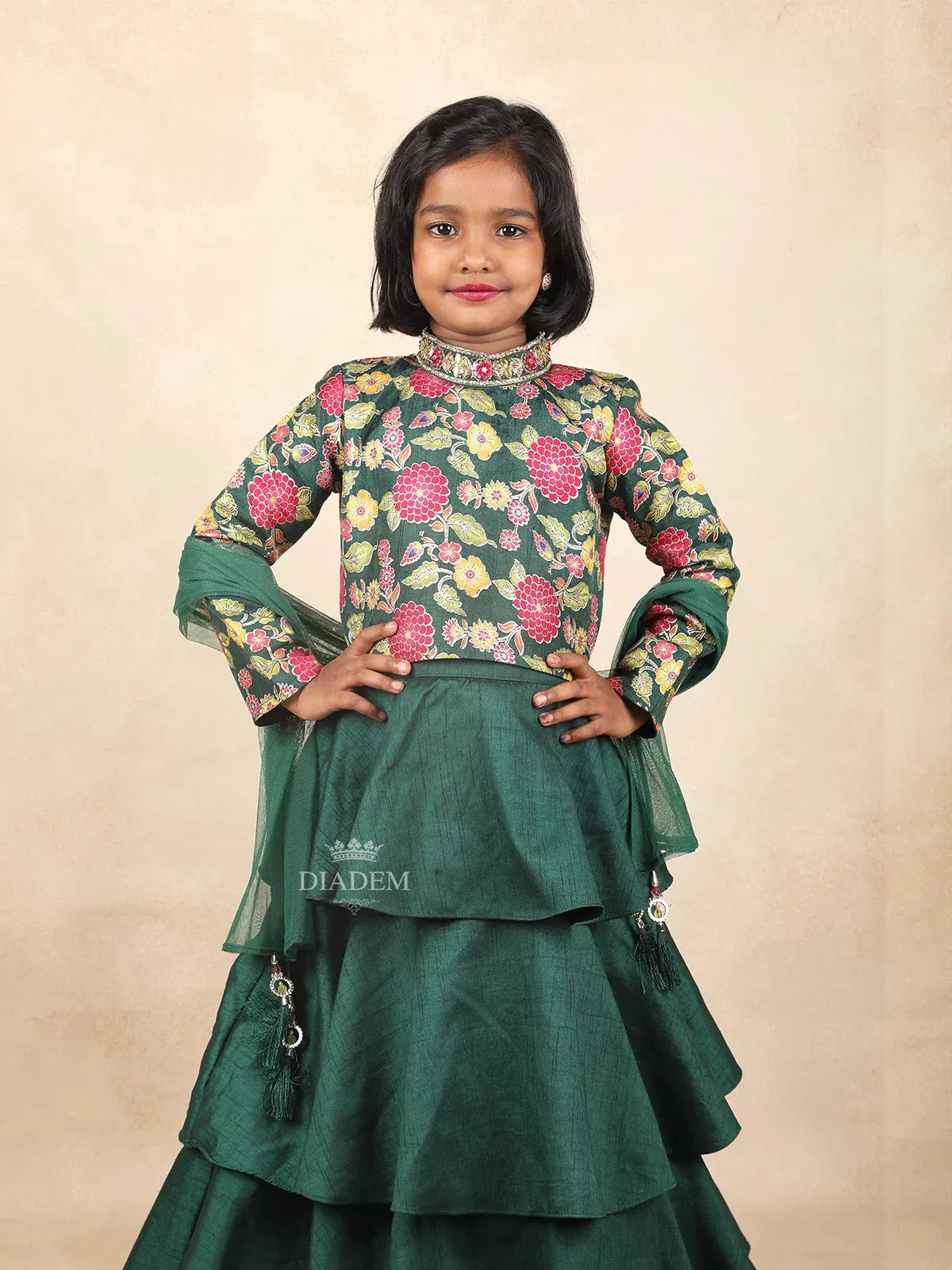 Dark Green Kids Raw Silk Gown Adorned with Floral and Mirror Design with Dupatta