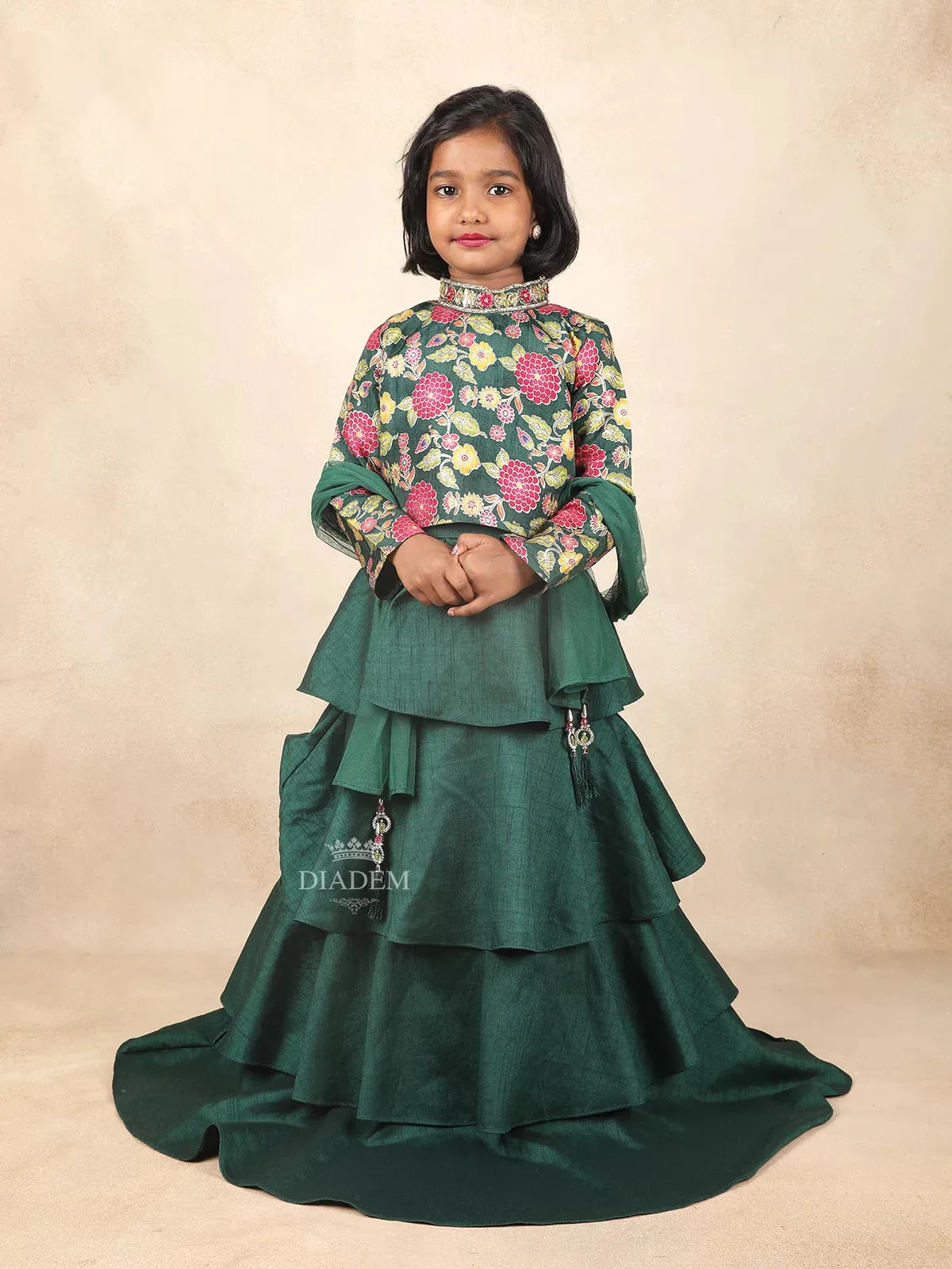 Dark Green Kids Raw Silk Gown Adorned with Floral and Mirror Design with Dupatta