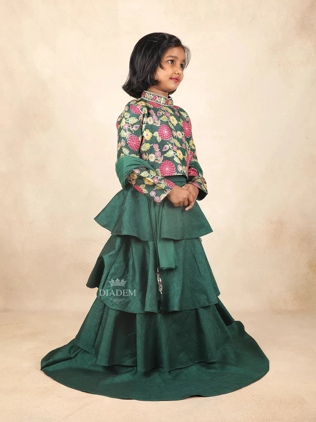 Dark Green Kids Raw Silk Gown Adorned with Floral and Mirror Design with Dupatta