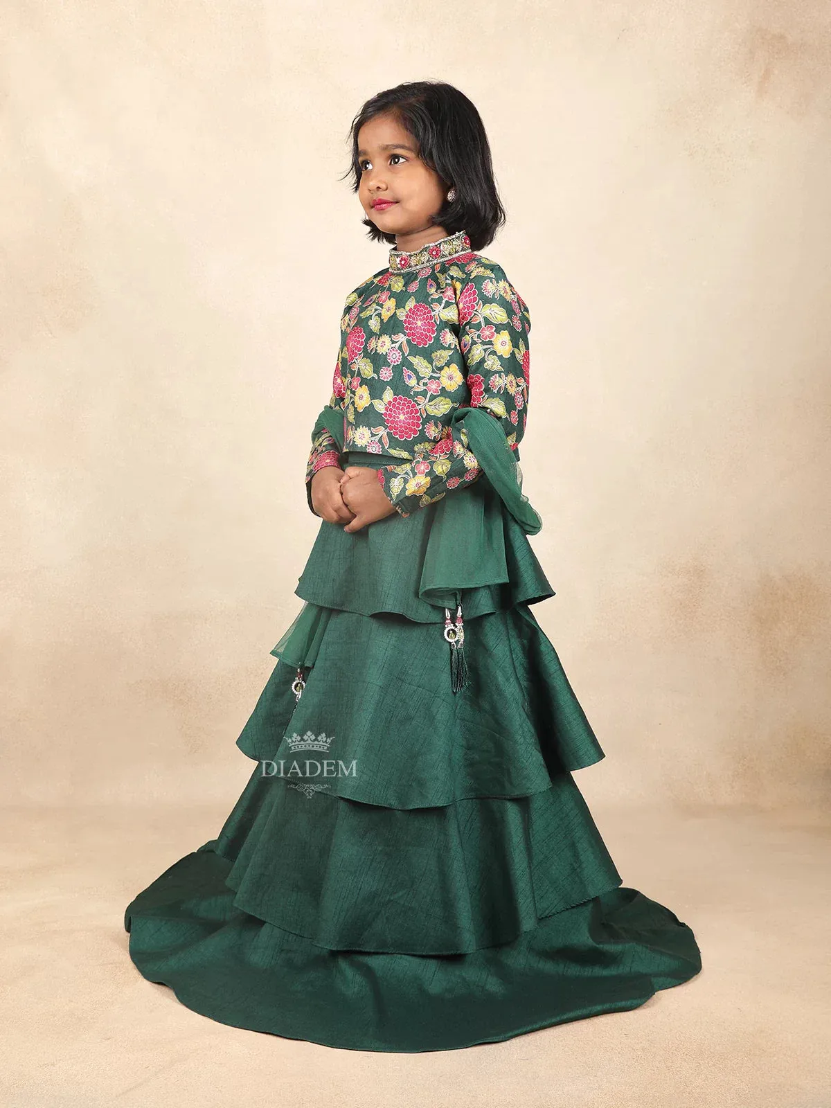Dark Green Kids Raw Silk Gown Adorned with Floral and Mirror Design with Dupatta