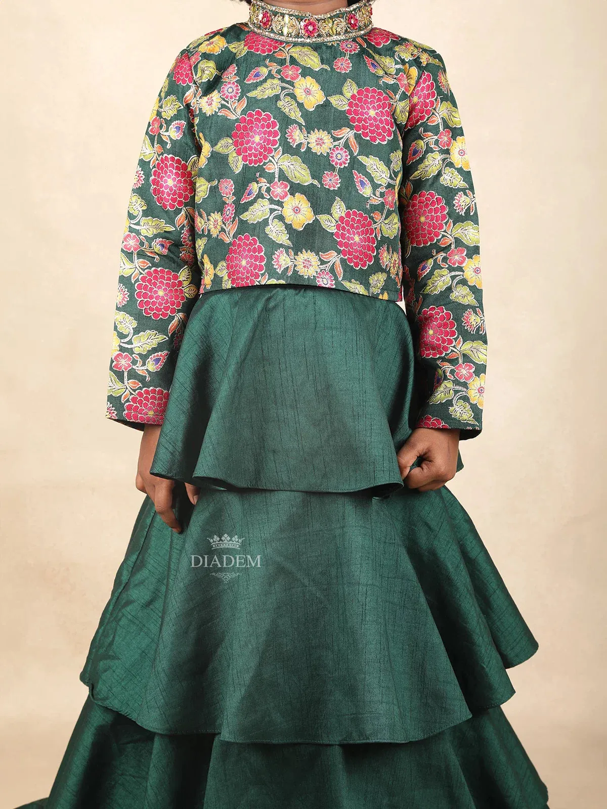 Dark Green Kids Raw Silk Gown Adorned with Floral and Mirror Design with Dupatta