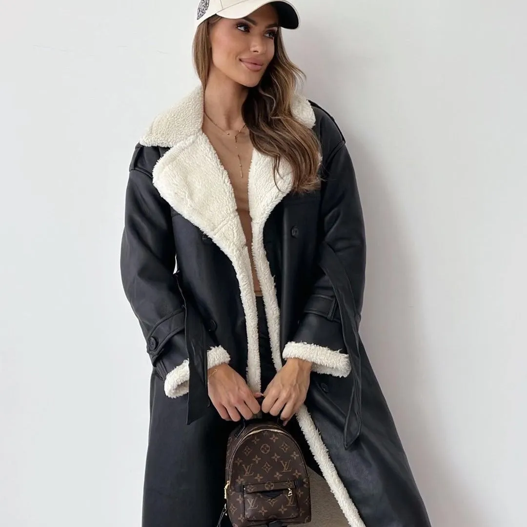Double wear lapel leather plush coat