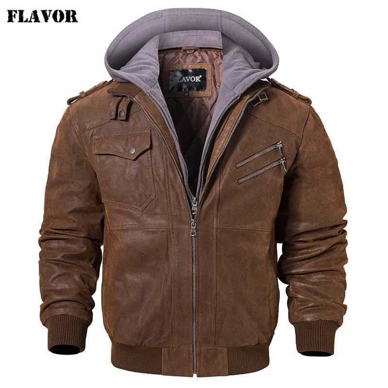 Men's Genuine Leather Jacket with Removable Hood