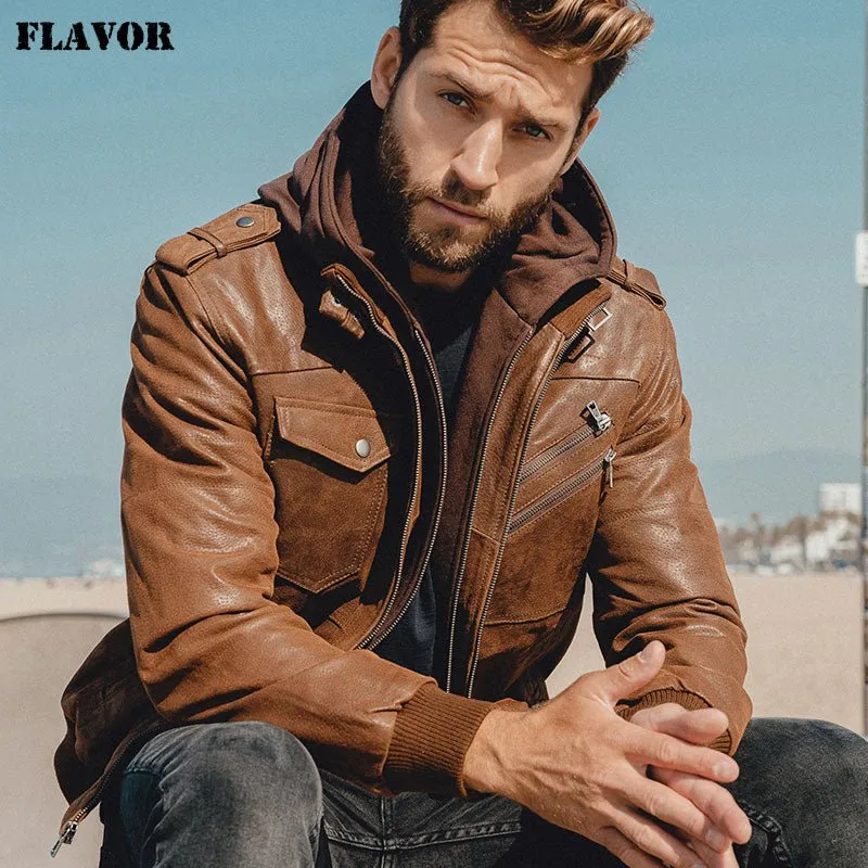 Men's Genuine Leather Jacket with Removable Hood