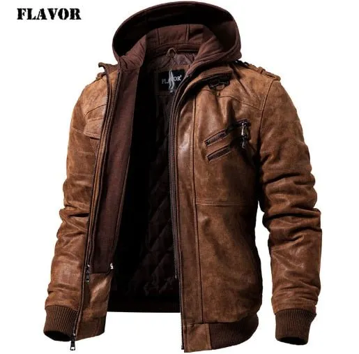Men's Genuine Leather Jacket with Removable Hood