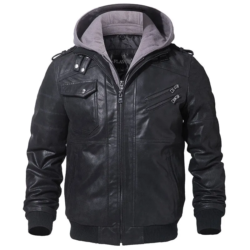 Men's Genuine Leather Jacket with Removable Hood