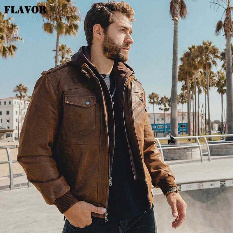 Men's Genuine Leather Jacket with Removable Hood