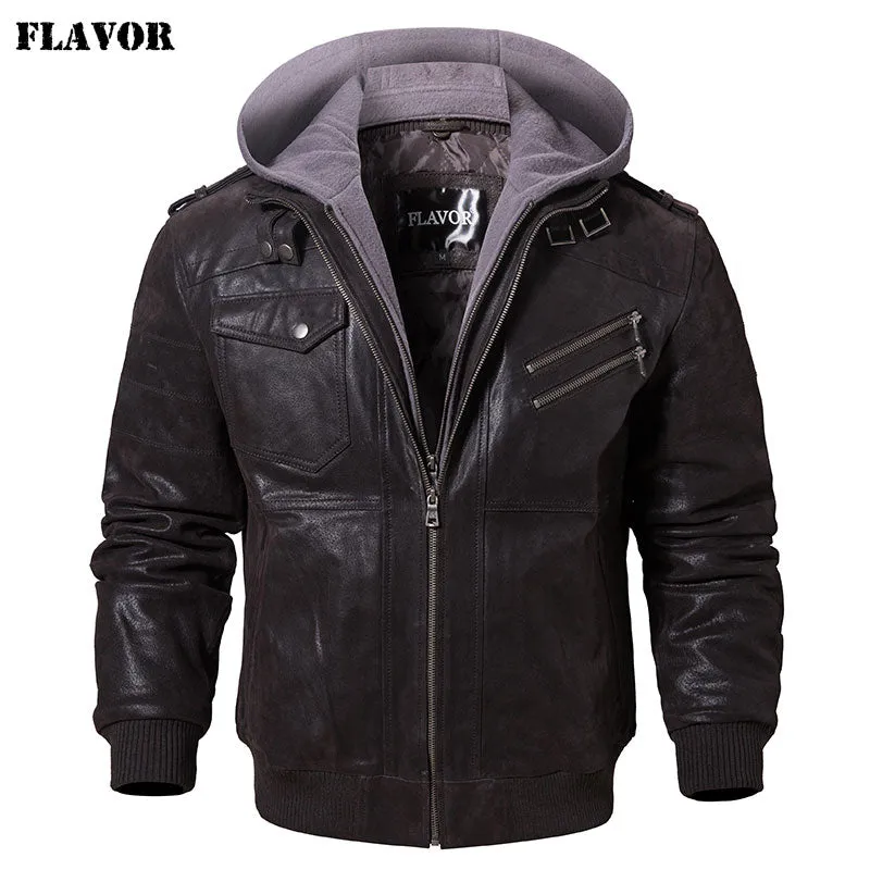 Men's Genuine Leather Jacket with Removable Hood