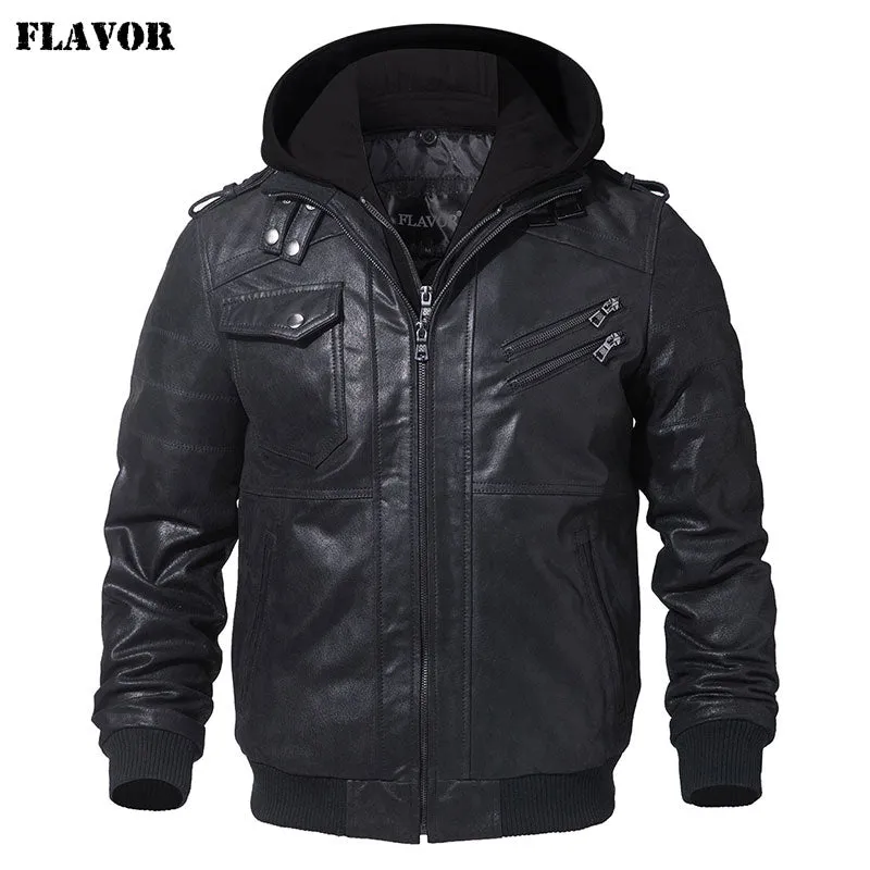 Men's Genuine Leather Jacket with Removable Hood