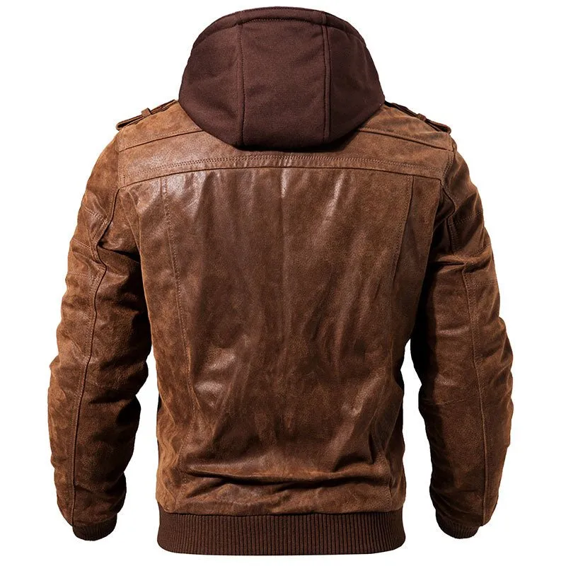 Men's Genuine Leather Jacket with Removable Hood