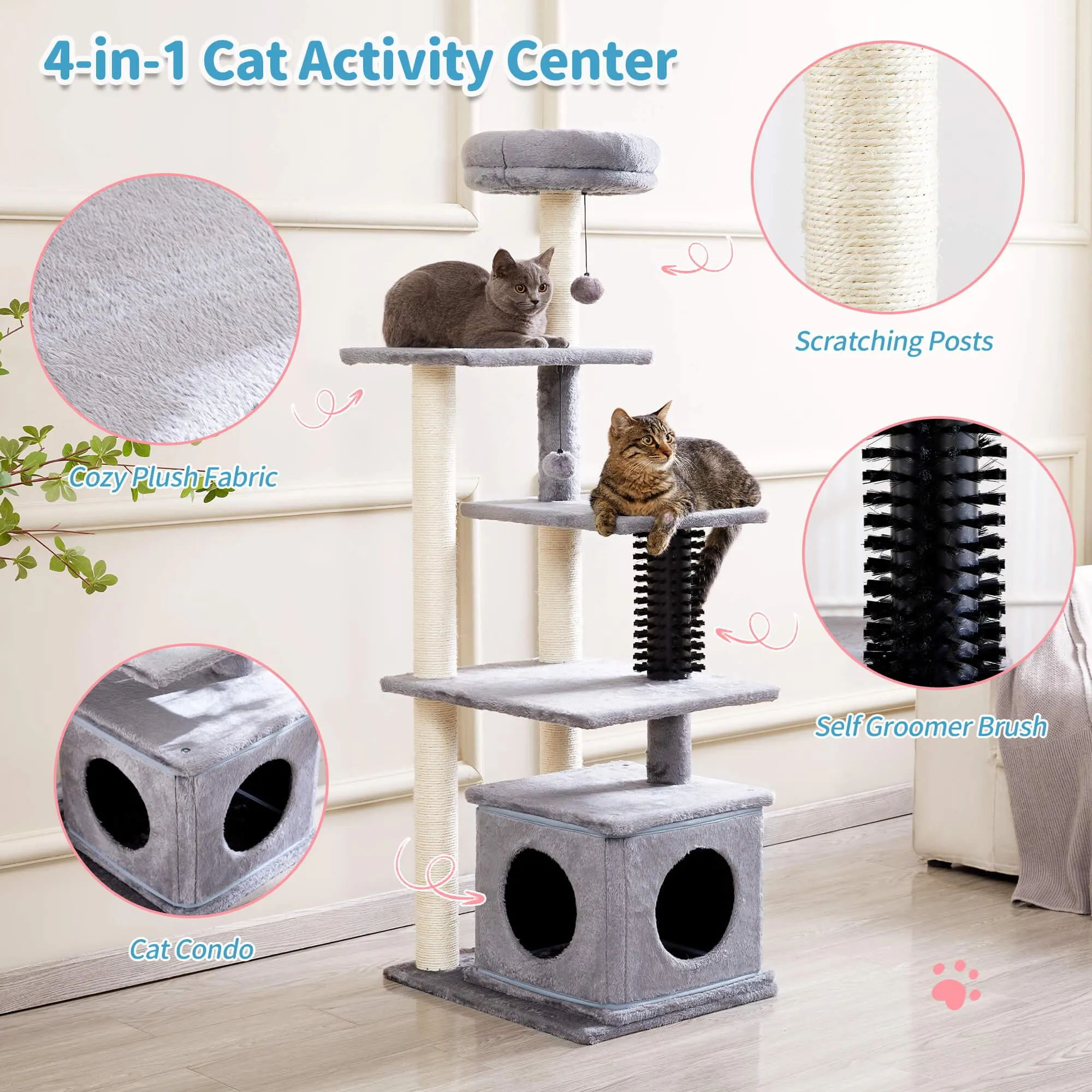Multi-Level Large Cat Condo with Scratching Posts and Pompoms