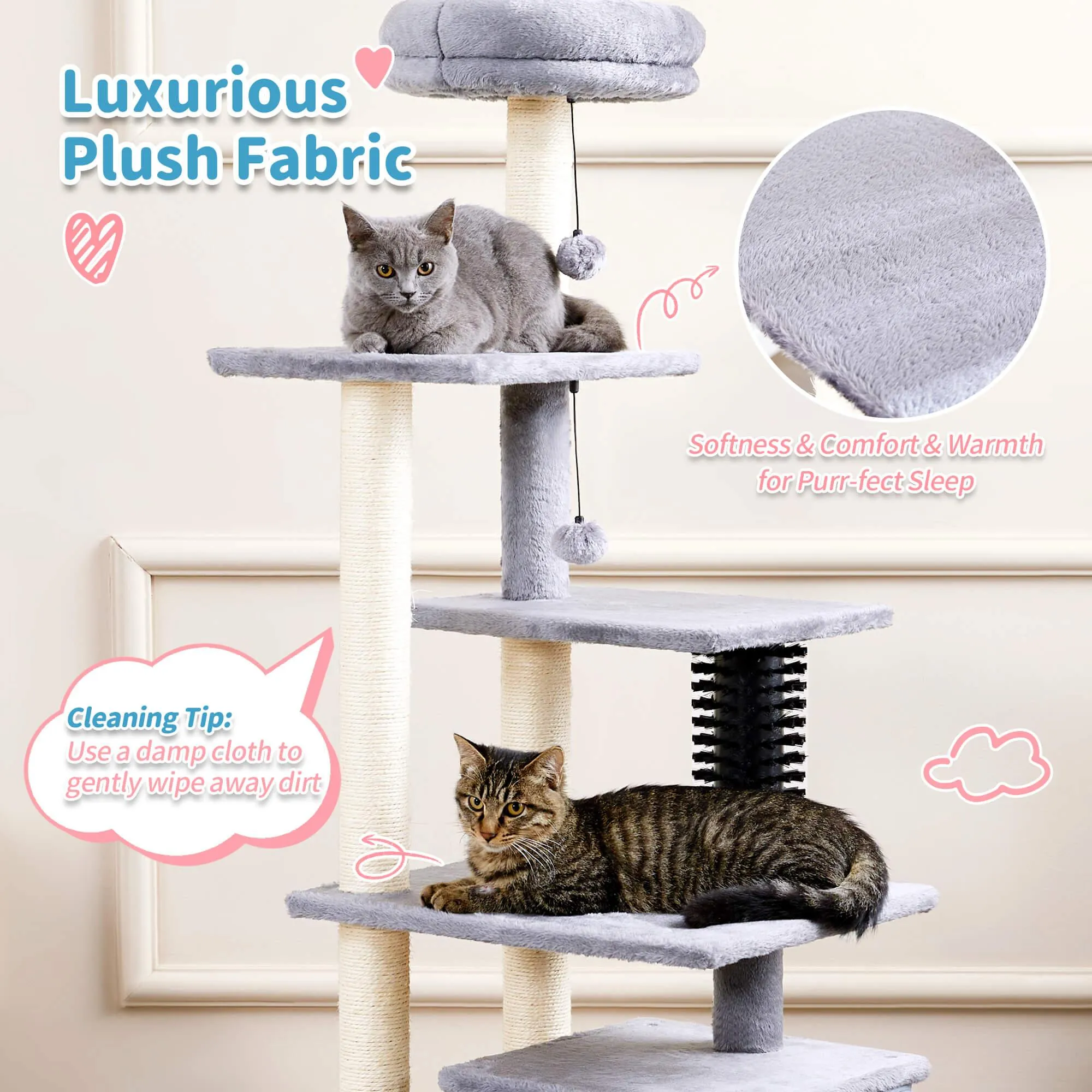 Multi-Level Large Cat Condo with Scratching Posts and Pompoms