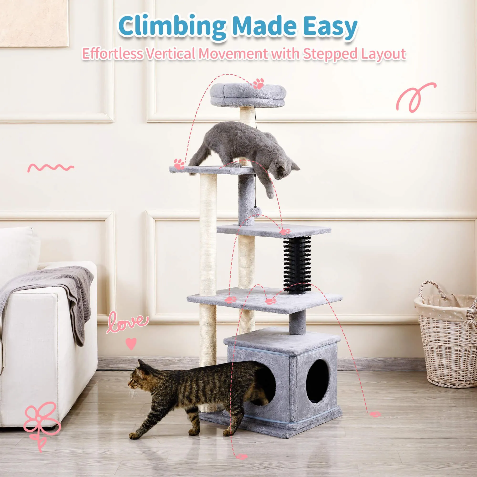 Multi-Level Large Cat Condo with Scratching Posts and Pompoms