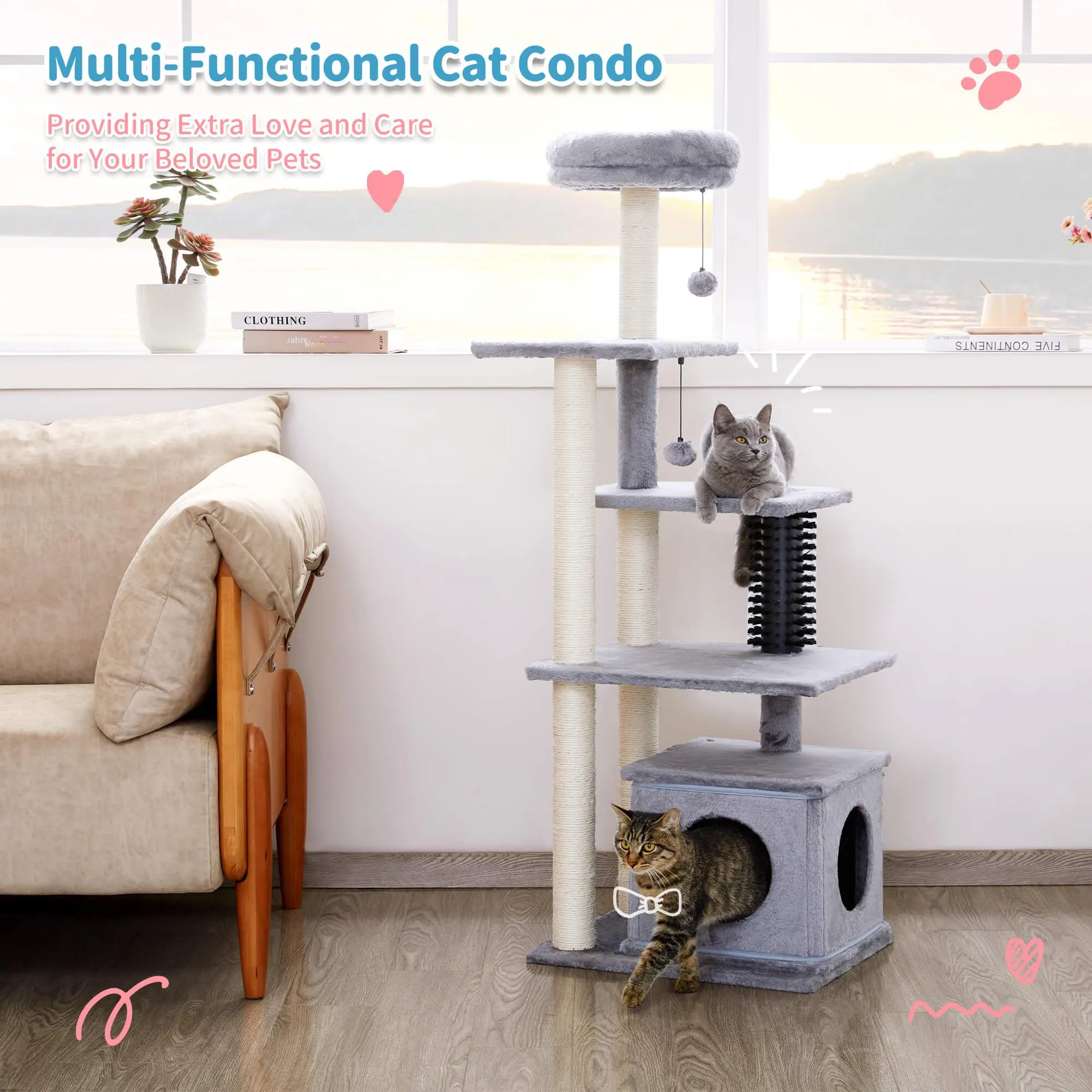 Multi-Level Large Cat Condo with Scratching Posts and Pompoms