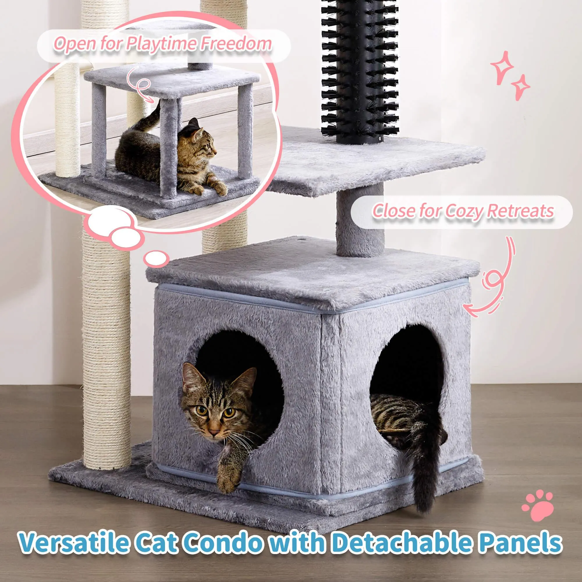Multi-Level Large Cat Condo with Scratching Posts and Pompoms