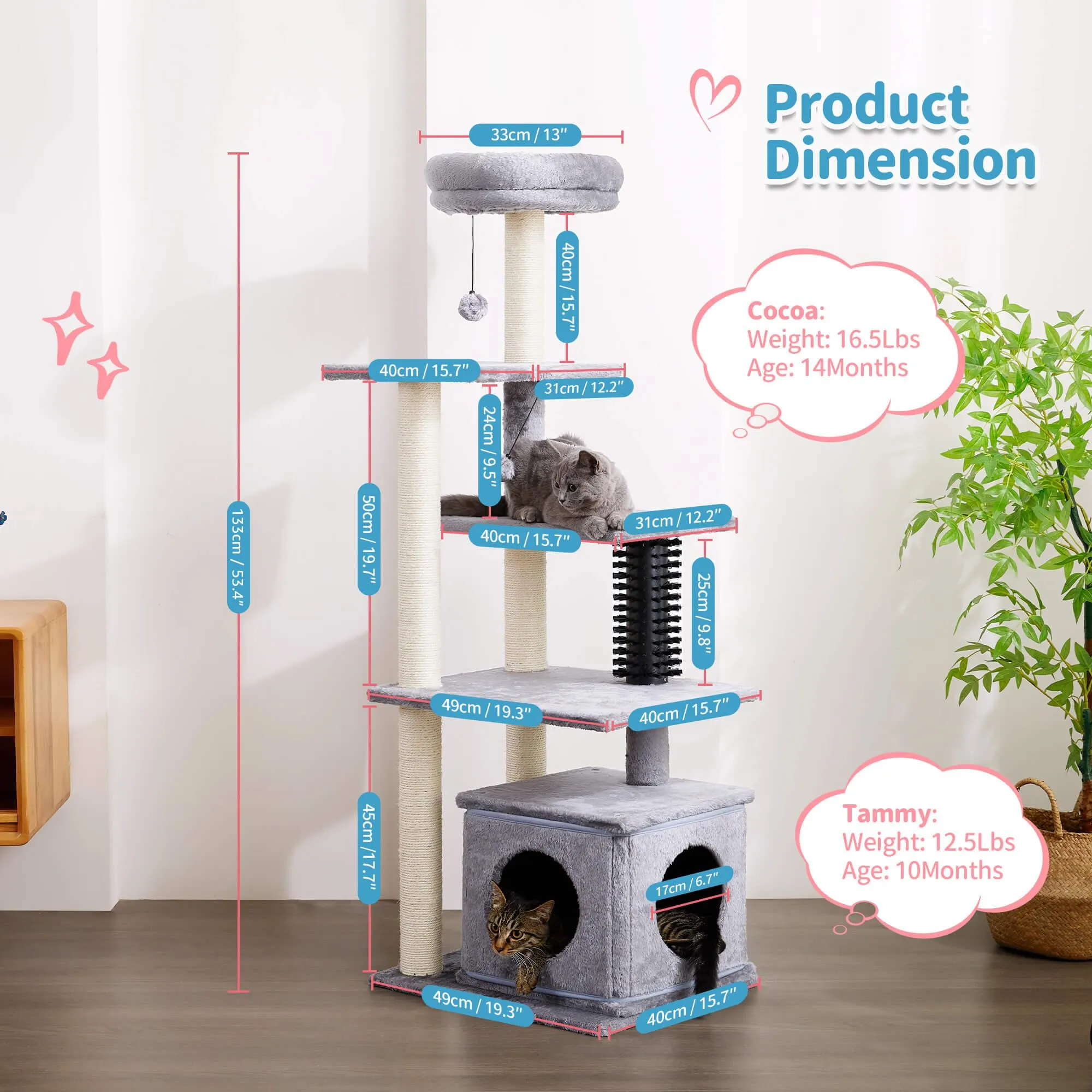 Multi-Level Large Cat Condo with Scratching Posts and Pompoms