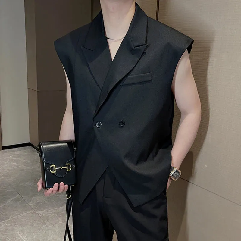 Summer Niche Design Suit Vest Men's Fashion Sleeveless Blazers Tank Tops Korean Style Loose Casual Tops Solid Color 9C617