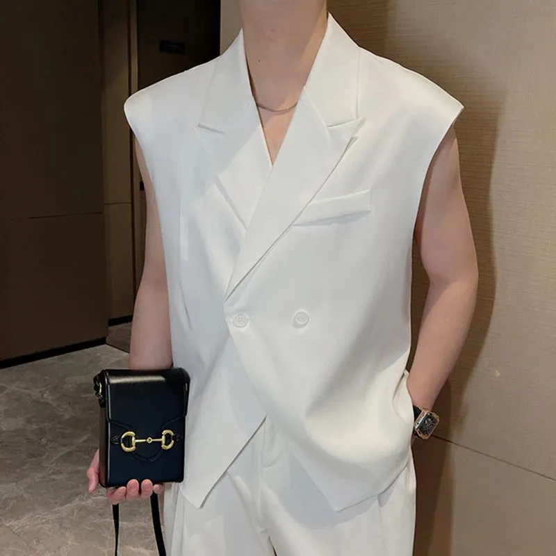Summer Niche Design Suit Vest Men's Fashion Sleeveless Blazers Tank Tops Korean Style Loose Casual Tops Solid Color 9C617